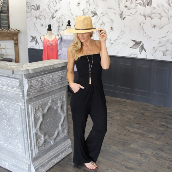 Black Tube Top Jumpsuit with Pockets - Picture 3 of 4